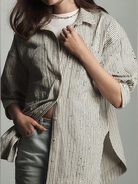 Pilcro Cream and Blue Striped Button-Down Shirt